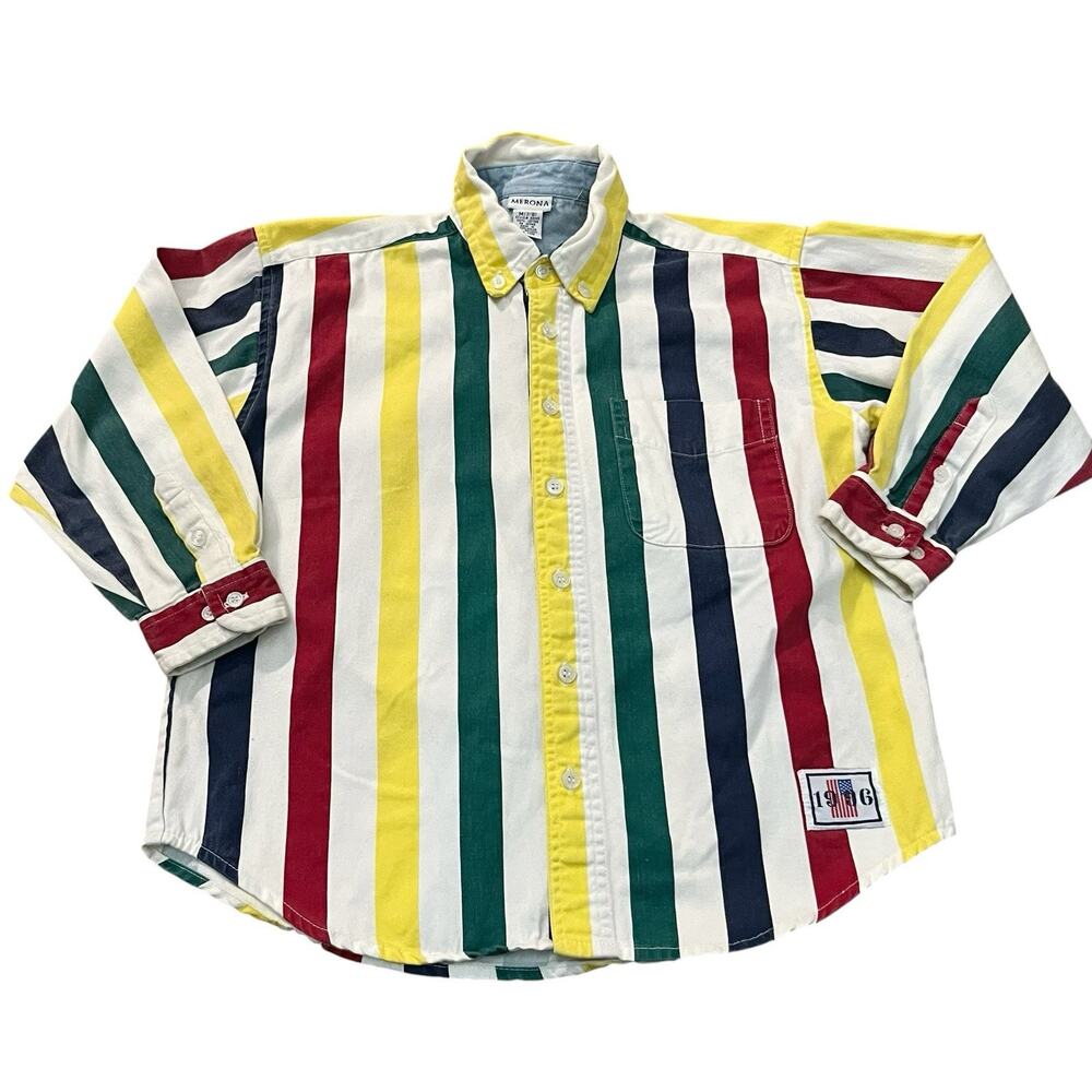90s VTG Merona Boys Colorful Vertical Stripe Shirt Medium 7/8 Button Down Preppy